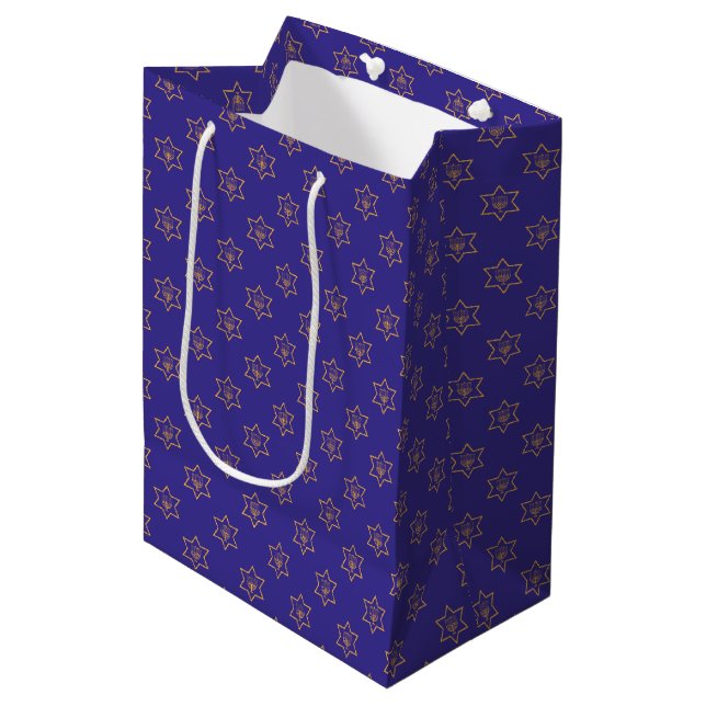 Sac Cadeau Moyen Hanoukka Chanukah Star de David Menorah Gold Blue (Devant Angle)