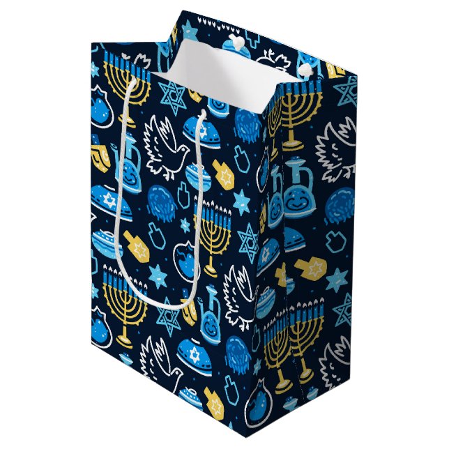 Sac Cadeau Moyen Hanoukka Symboles Motif bleu (Devant Angle)