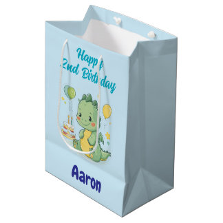 Sac Cadeau Moyen Happy 2nd Birthday, Cute Dragon, Personalized 