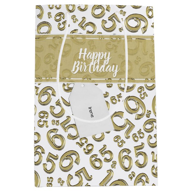 Sac Cadeau Moyen Happy 65th Birthday Gold/White 65 Numéro Motif (Devant)