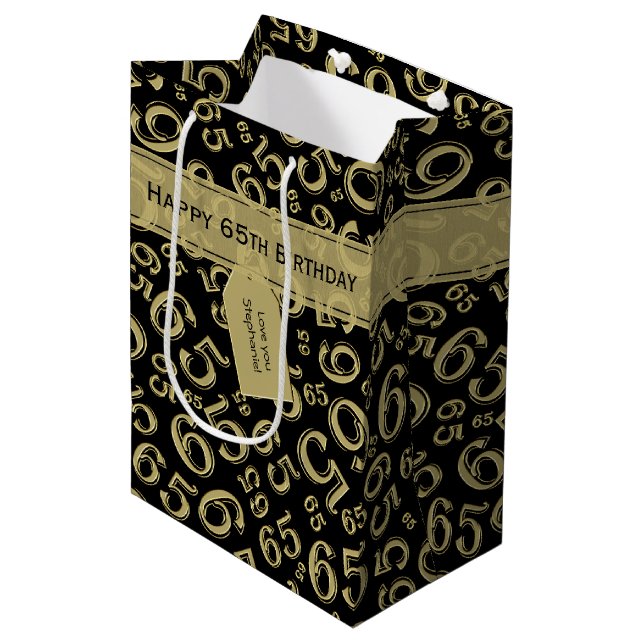 Sac Cadeau Moyen Happy 65th Birthday Number Motif Black and Gold (Devant Angle)