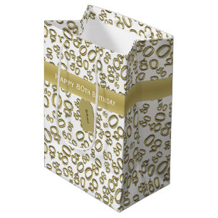Sac Cadeau Moyen Happy 80th Party Gold/White Random Number Motif