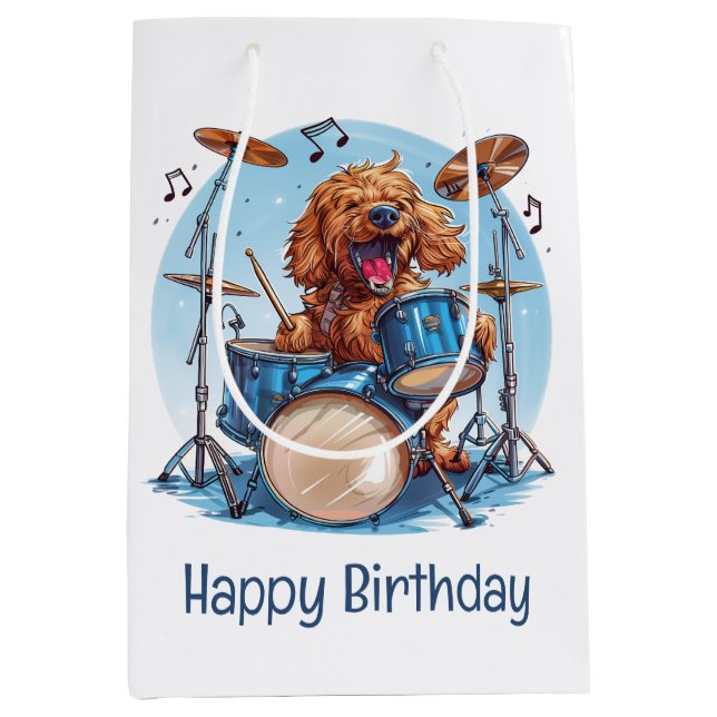 Sac Cadeau Moyen Happy Birthday Goldendoodle Dog Playing Drums (Devant)