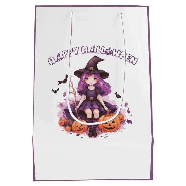Sac Cadeau Moyen Happy Halloween violet sorcière Citrouilles et cha (Dos)