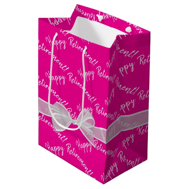 Sac Cadeau Moyen Happy Retirement Bow On Hot Pink (Devant Angle)