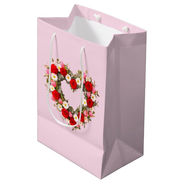 Sac Cadeau Moyen Heart Shaped Floral Wreath Roses Daisies Tulips (Devant Angle)