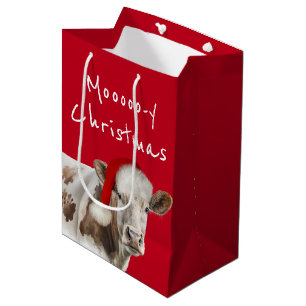 Sac Cadeau Moyen Hereford Cow avec Père Noël Casquette sur rouge