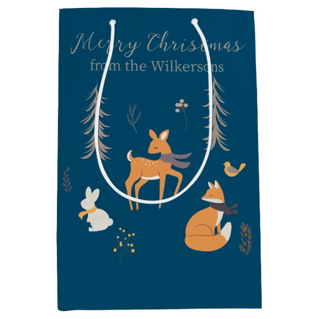 Sac Cadeau Moyen Hiver Bois Animaux Folk Art Bleu Noël (Devant)