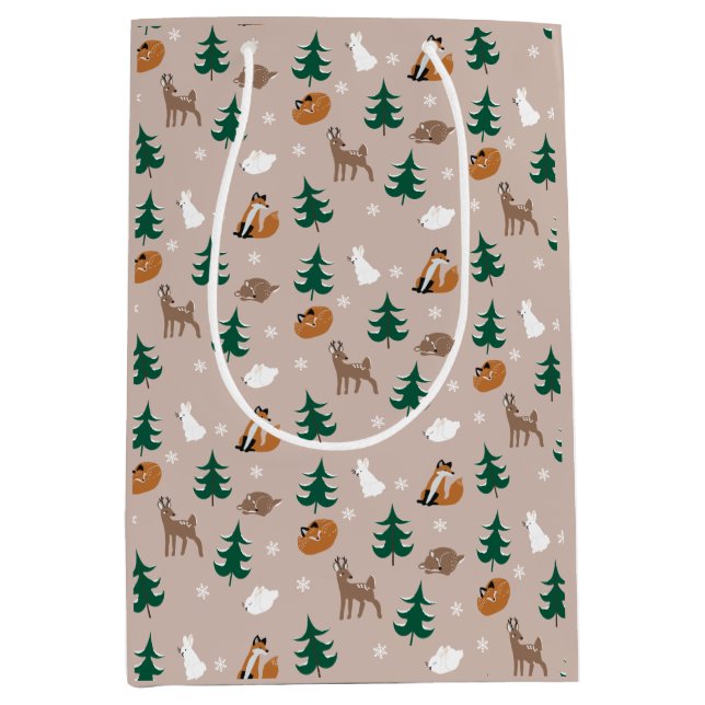 Sac Cadeau Moyen Hiver Bois Animaux Neige Arbres couverts Motif (Devant)