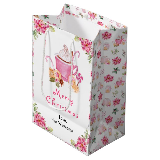 Sac Cadeau Moyen Holiday Cookies and Cocoa Pink Merry Christmas (Devant Angle)