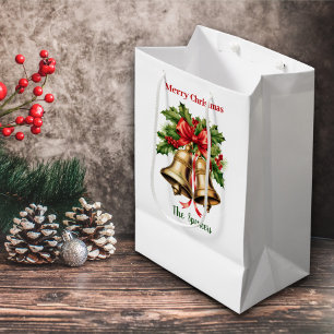 Sac Cadeau Moyen Holly Feuilles & Berries Gold Bells Joyeux Noël