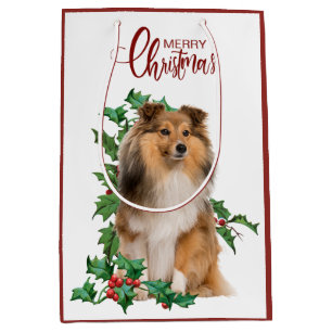 Sac Cadeau Moyen Holly Red Berry Shetland Sheepdog Noël