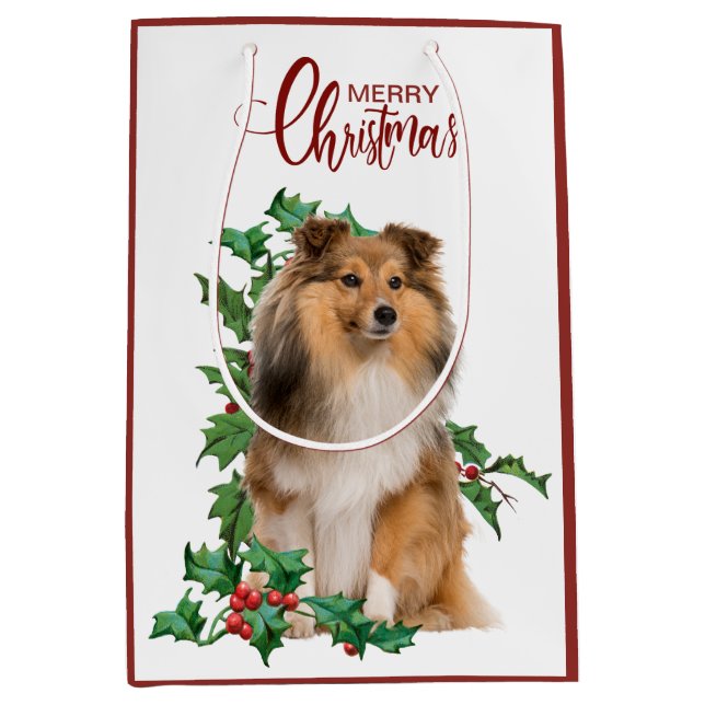 Sac Cadeau Moyen Holly Red Berry Shetland Sheepdog Noël (Devant)