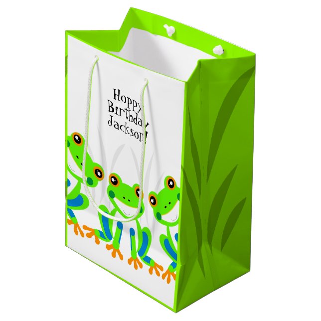 Sac Cadeau Moyen Hoppy Birthday ! Grenouilles vert mignonnes dans l (Devant Angle)