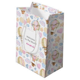 Sac Cadeau Moyen Hot Air Balloon Cute Watercolor Motif Nouveau bébé