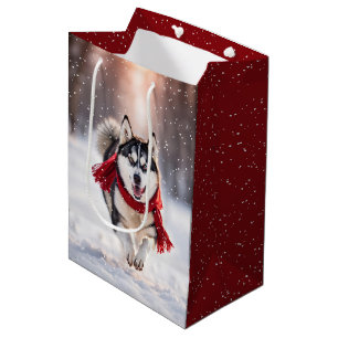 Sac Cadeau Moyen Husky de Noël Avec Écharpe Rouge