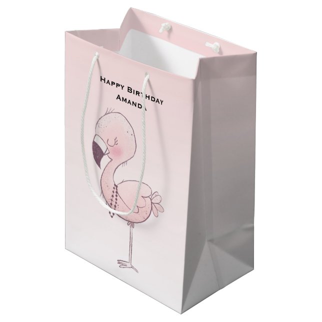 Sac Cadeau Moyen Illustration de Flamant rose rose mou Anniversaire (Devant Angle)