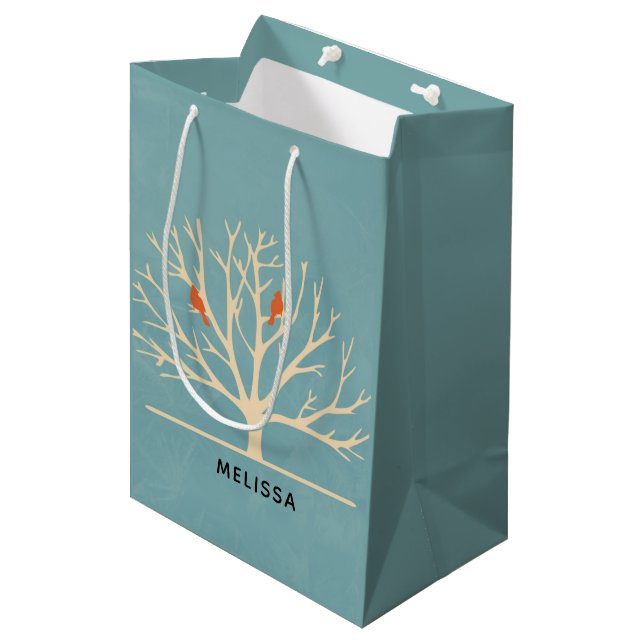 Sac Cadeau Moyen Illustration d'Oiseaux oranges modernes dans un gr (Devant Angle)