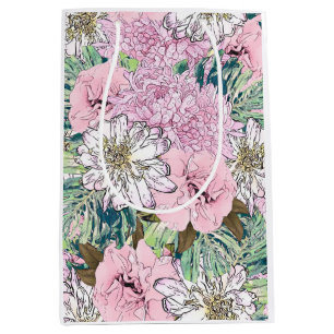 Sac Cadeau Moyen Illustration florale rose et blanche de mignonne f