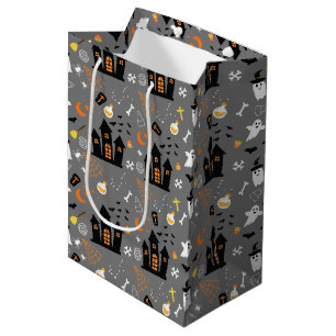 Sac Cadeau Moyen Illustré Motif d'Halloween avec gris, noir