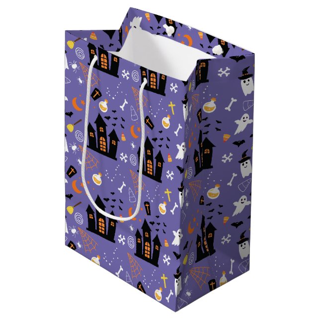 Sac Cadeau Moyen Illustré Motif d'Halloween avec violet (Devant Angle)