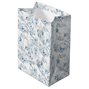 Sac Cadeau Moyen Imaginaire Floral vintage gravé bleu toile