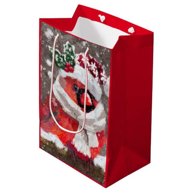 Sac Cadeau Moyen Impressionniste Cardinal Bird Scarf & Casquette en (Devant Angle)