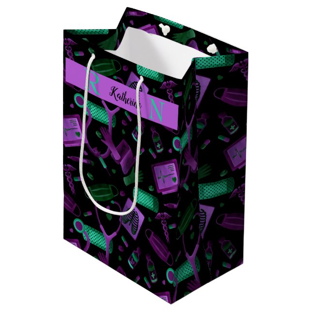 Sac Cadeau Moyen Infirmière d'aquarelle| Dr Médicale Collage Turquo (Devant Angle)