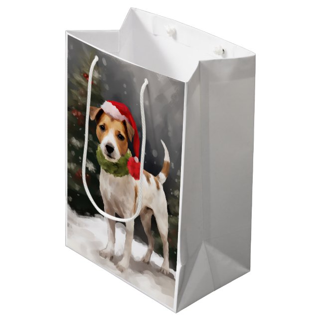 Sac Cadeau Moyen Jack Russell Chien à Noël de neige (Devant Angle)
