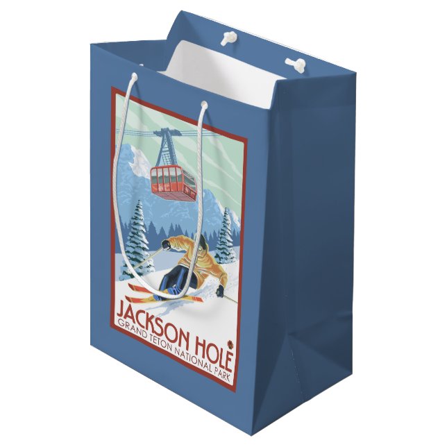 Sac Cadeau Moyen Jackson Hole, skieur du Wyoming et tram (Devant Angle)