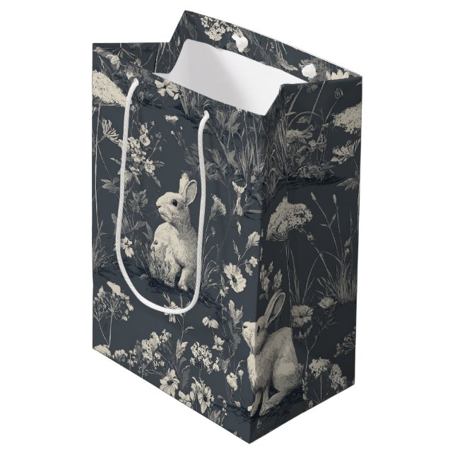 Sac Cadeau Moyen Jardin de lapins motif toile noir botanique (Devant Angle)