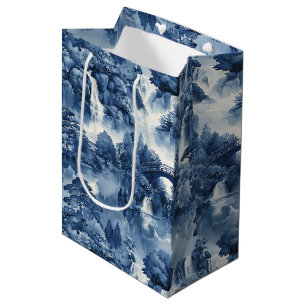 Sac Cadeau Moyen Jardin d'eau japonais en porcelaine blanche bleue