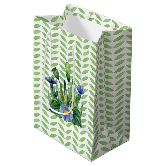 Sac Cadeau Moyen Jardin Floral Bleu Et Vert (Devant Angle)