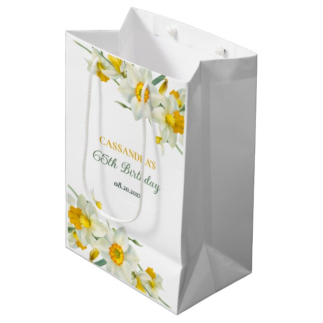 Sac Cadeau Moyen Jaune Daffodique Blanc Rustique Floral Anniversair (Devant Angle)
