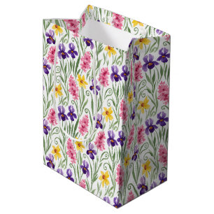 Sac Cadeau Moyen Jaune Narcisse, Violet Iris, Rose Hyacinthe Floral