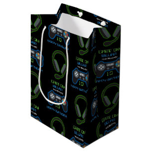 Sac Cadeau Moyen Jeu vidéo Neon Blue & Green Anniversaire Nom d'âge
