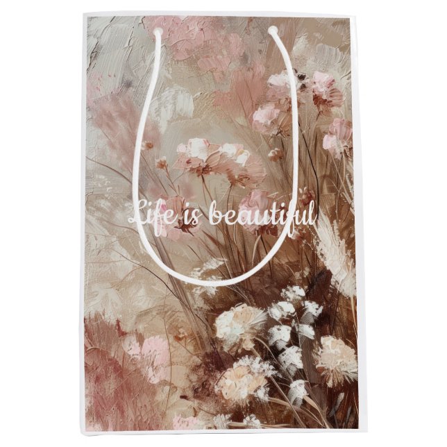 Sac Cadeau Moyen Joli Beige Blush Boho Rose Floral (Devant)