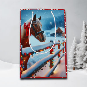 Sac Cadeau Moyen Joli Cheval Brown avec Bow Noël Personnalisé