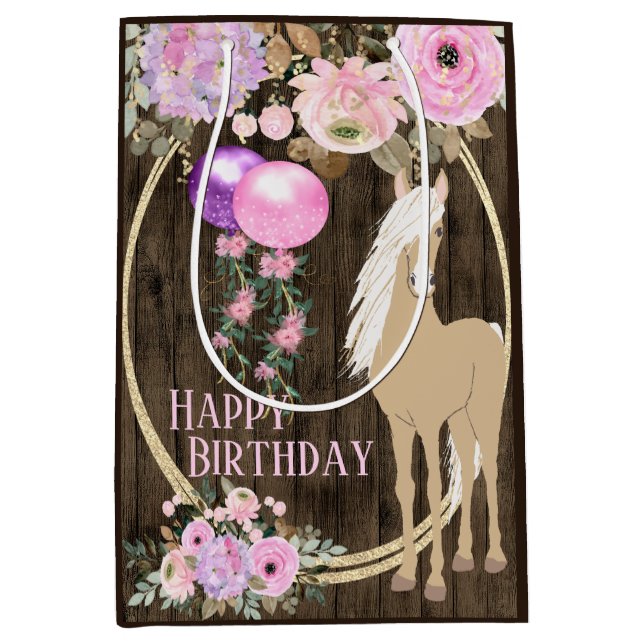 Sac Cadeau Moyen Joli Cheval et Fleurs sur Barnwood Anniversaire (Devant)