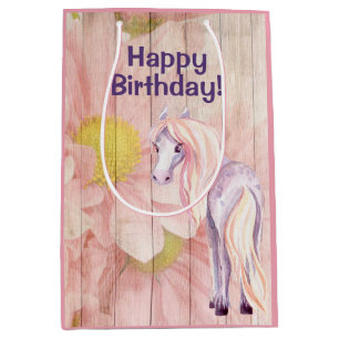 Sac Cadeau Moyen Joli cheval et marguerites sur le bois de grange A