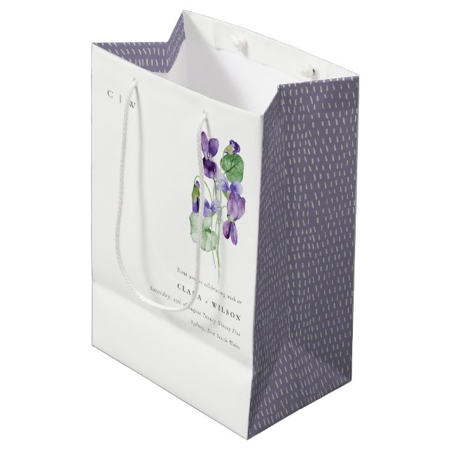 Sac Cadeau Moyen Joli Chic Monogram Violet Floral Bunal Mariage (Devant Angle)
