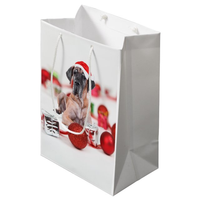 Sac Cadeau Moyen Joli chien Danse Noël Santa Hat (Devant Angle)