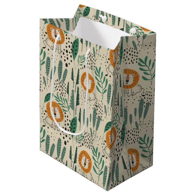 Sac Cadeau Moyen Joli Doodle Lion Jungle Rainforest Motif (Devant Angle)