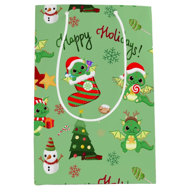 Sac Cadeau Moyen Joli Dragon de Noël (Devant)