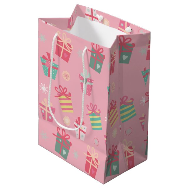 Sac Cadeau Moyen Joli et coloré rose présente Noël (Devant Angle)