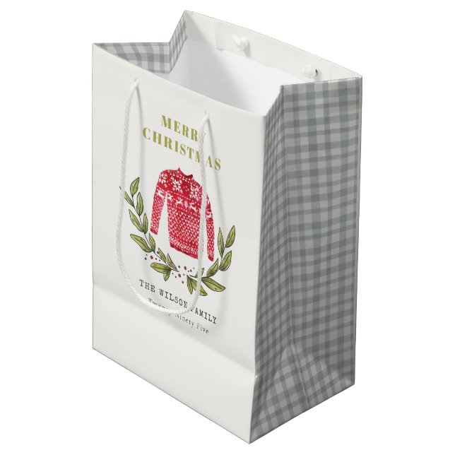 Sac Cadeau Moyen Joli feuillage rouge vert moche doux Noël hiver (Devant Angle)