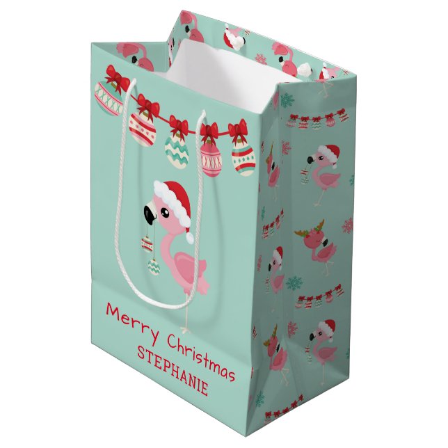 Sac Cadeau Moyen Joli Flamant rose de Noël Snowflake (Devant Angle)