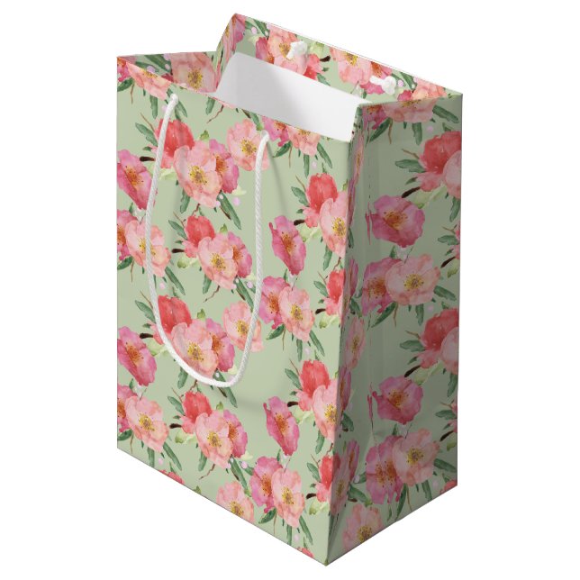 Sac Cadeau Moyen Joli Jardin Rose Fleurs Aquarelle (Devant Angle)
