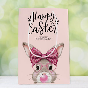 Sac Cadeau Moyen Joli lapin 'Bonne Pâques' Motif rose
