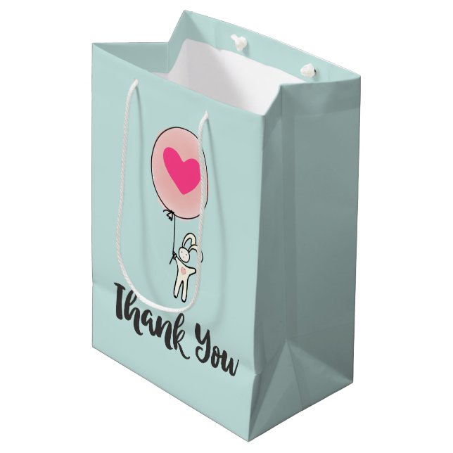 Sac Cadeau Moyen Joli lapin tenant un ballon avec Merci du coeur (Devant Angle)
